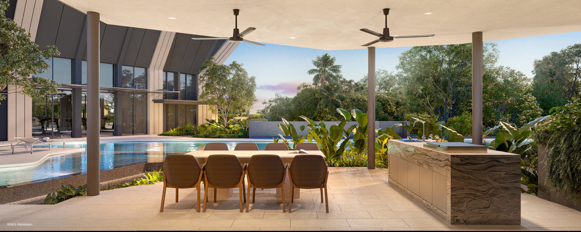Covered dining deck by the pool