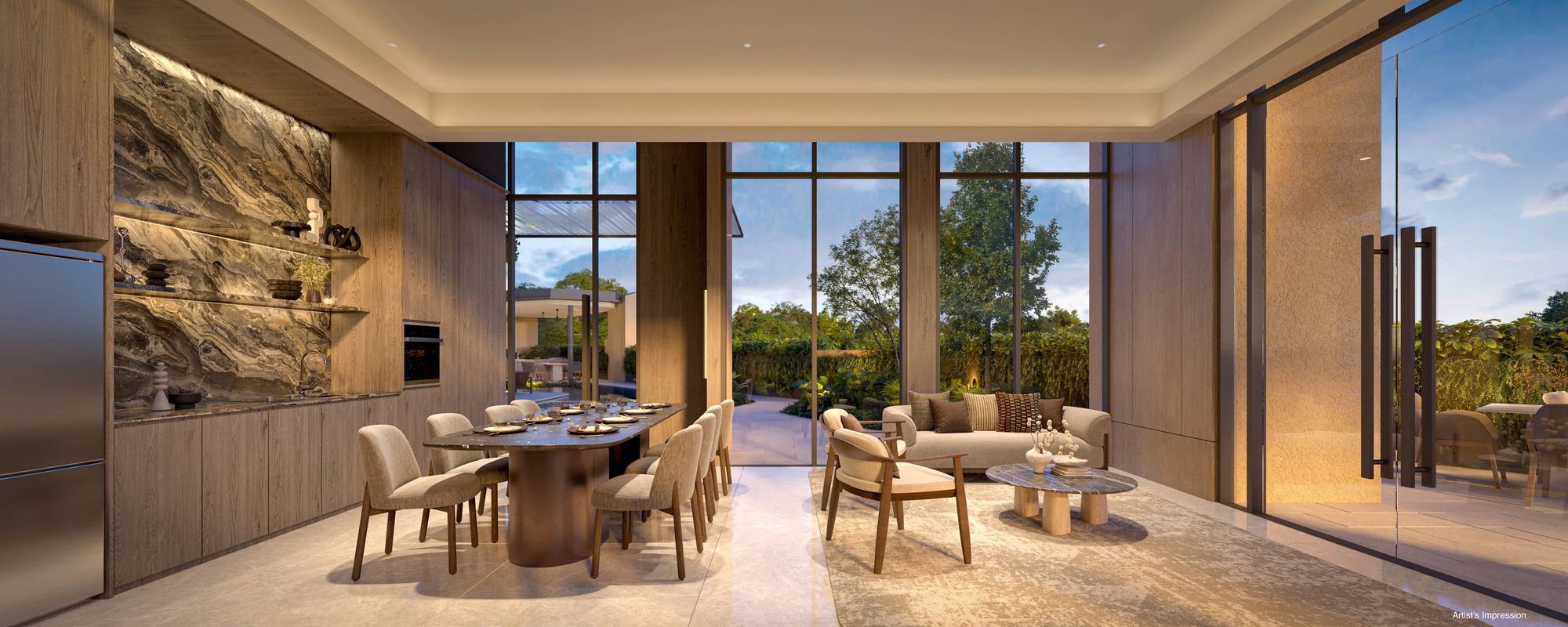 Dining area with full-height windows overlooking greenery