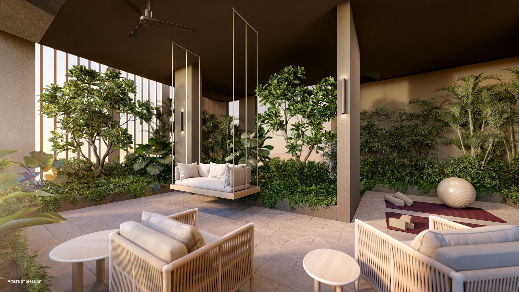 Garden lounge with swing seats surrounded by planting