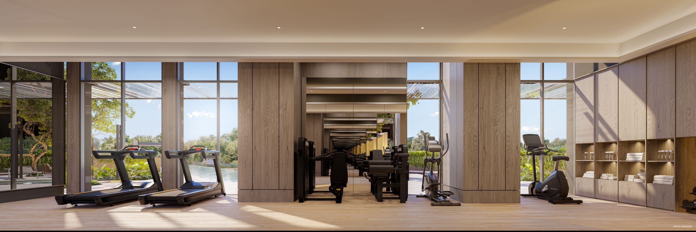 Gym with garden views