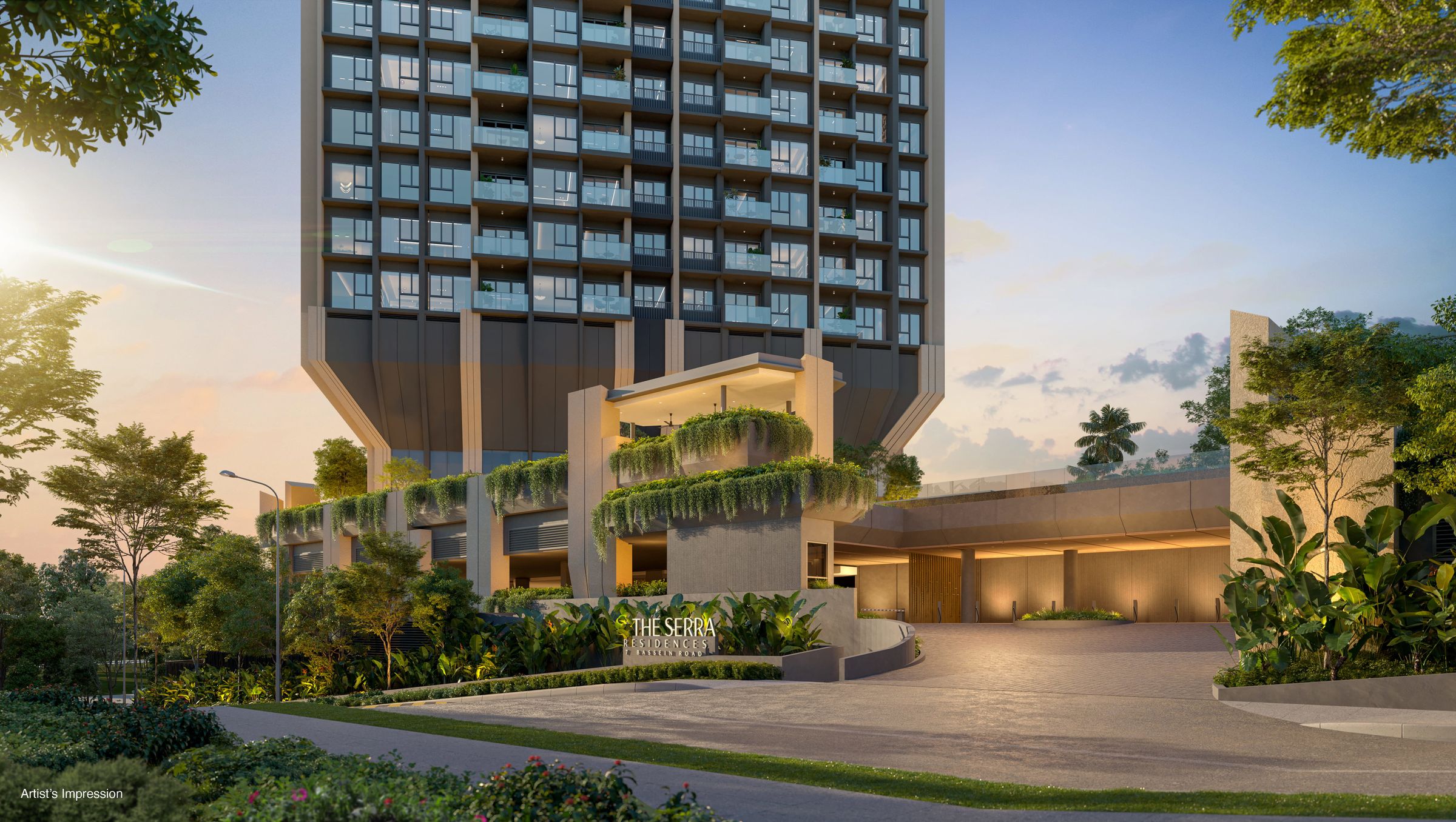 The Serra Residences tower and landscaped arrival court at dusk