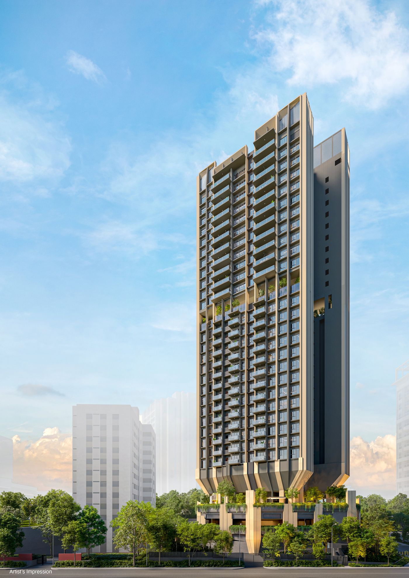 The Serra Residences tower rising above landscaped grounds